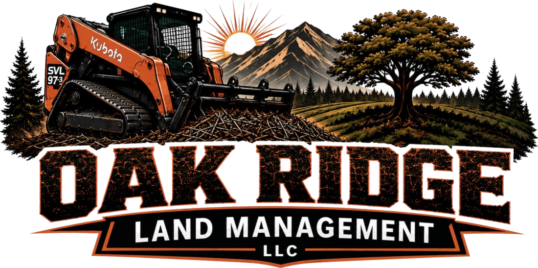 Oak Ridge Land Management LLC logo, an orange Kubota track loader with a forestry mulching head