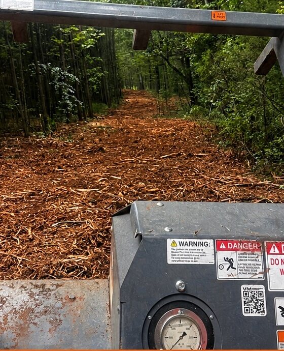 A forest lane covered in fresh wood mulch, seen from the operator's seat behind the mulching head